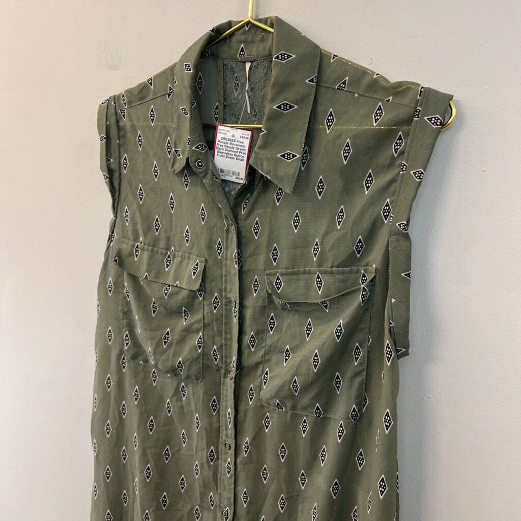 Free People Green/ Black Diamond Print Sleeveless Button Front Dress Small