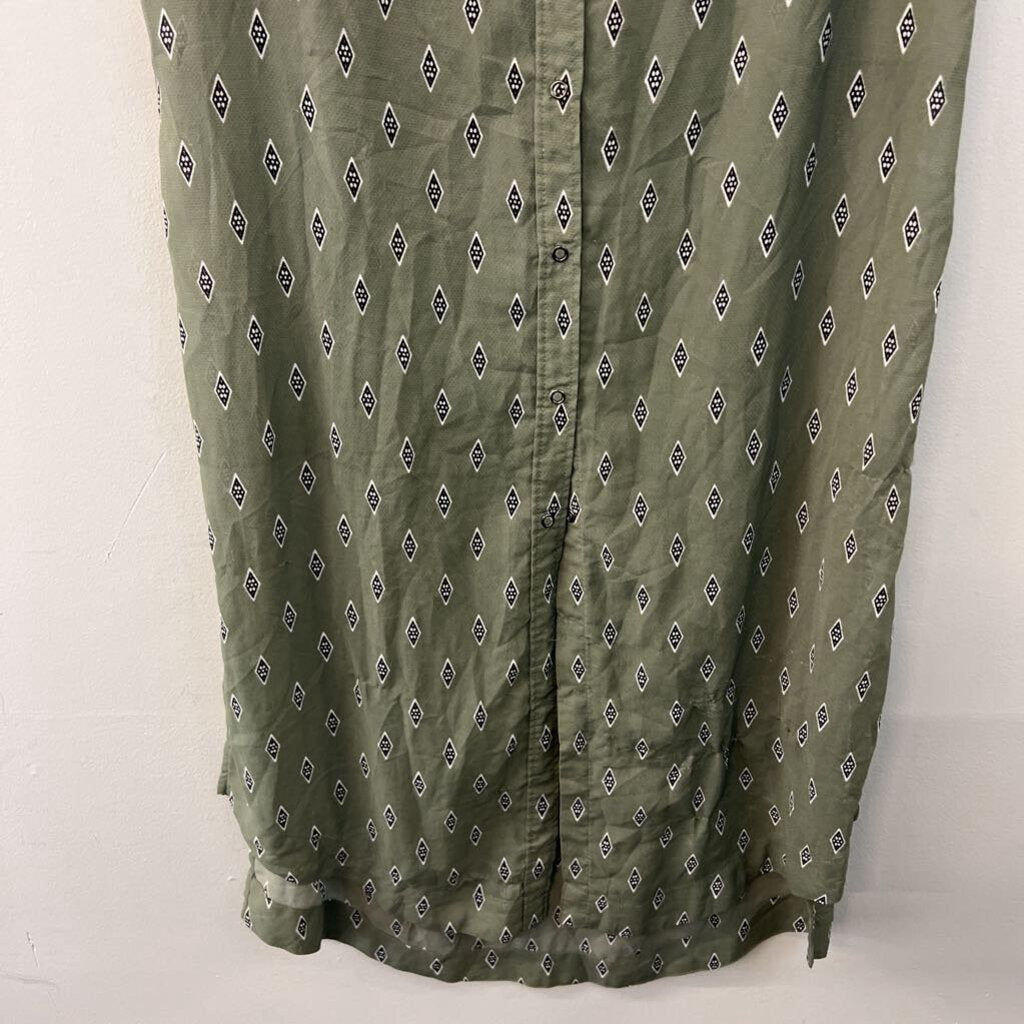 Free People Green/ Black Diamond Print Sleeveless Button Front Dress Small