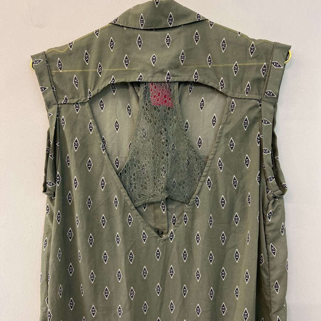 Free People Green/ Black Diamond Print Sleeveless Button Front Dress Small