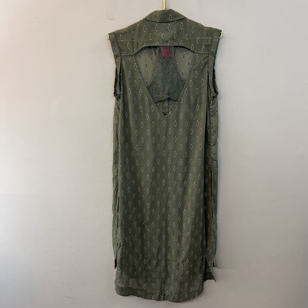 Free People Green/ Black Diamond Print Sleeveless Button Front Dress Small