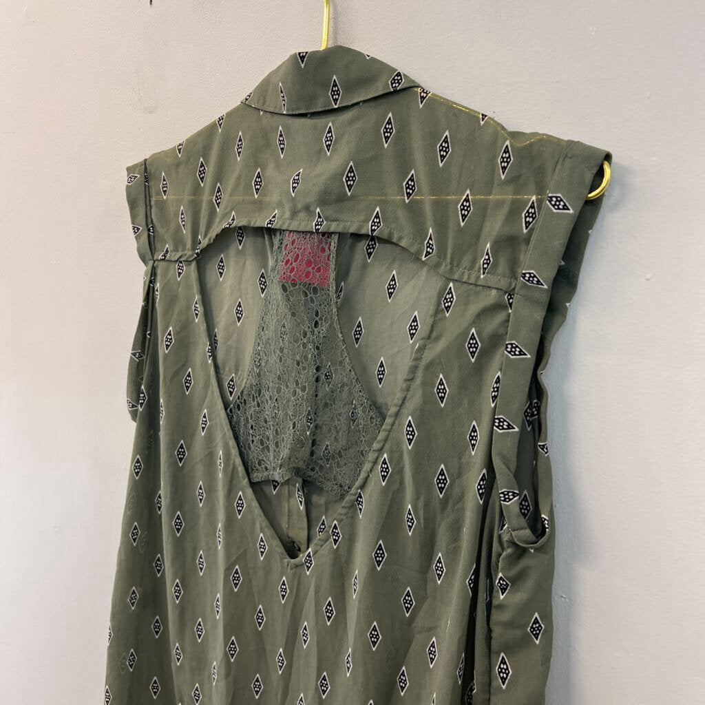 Free People Green/ Black Diamond Print Sleeveless Button Front Dress Small