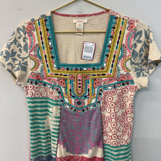 Sundance Beige/ Multi Embroidered Print Short Sleeve Top Extra Small