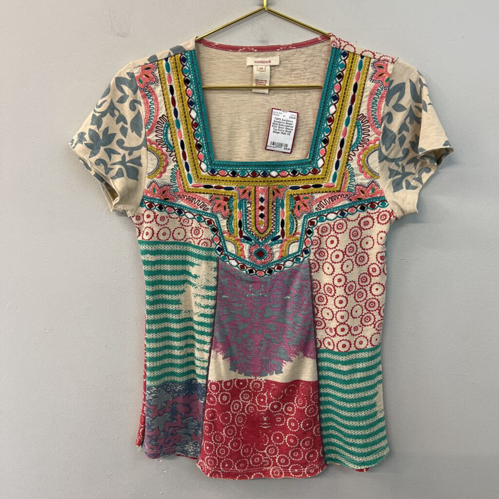 Sundance Beige/ Multi Embroidered Print Short Sleeve Top Extra Small