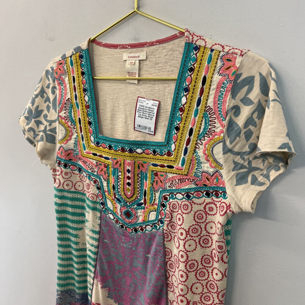Sundance Beige/ Multi Embroidered Print Short Sleeve Top Extra Small