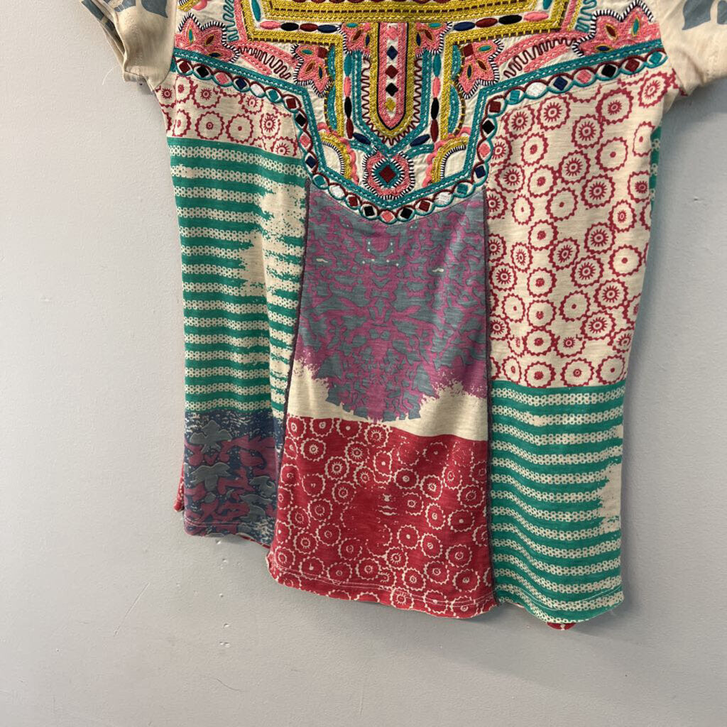 Sundance Beige/ Multi Embroidered Print Short Sleeve Top Extra Small