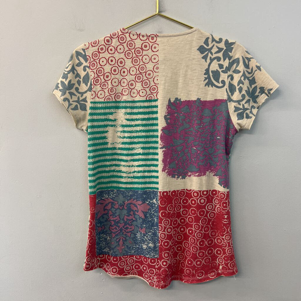 Sundance Beige/ Multi Embroidered Print Short Sleeve Top Extra Small