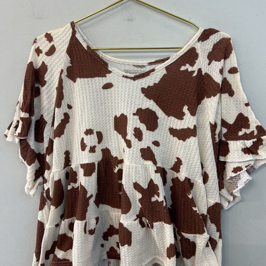 Simply Southern Cream/ Brown Cow Print Short Sleeve Top Extra Large