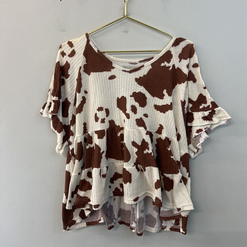 Simply Southern Cream/ Brown Cow Print Short Sleeve Top Extra Large