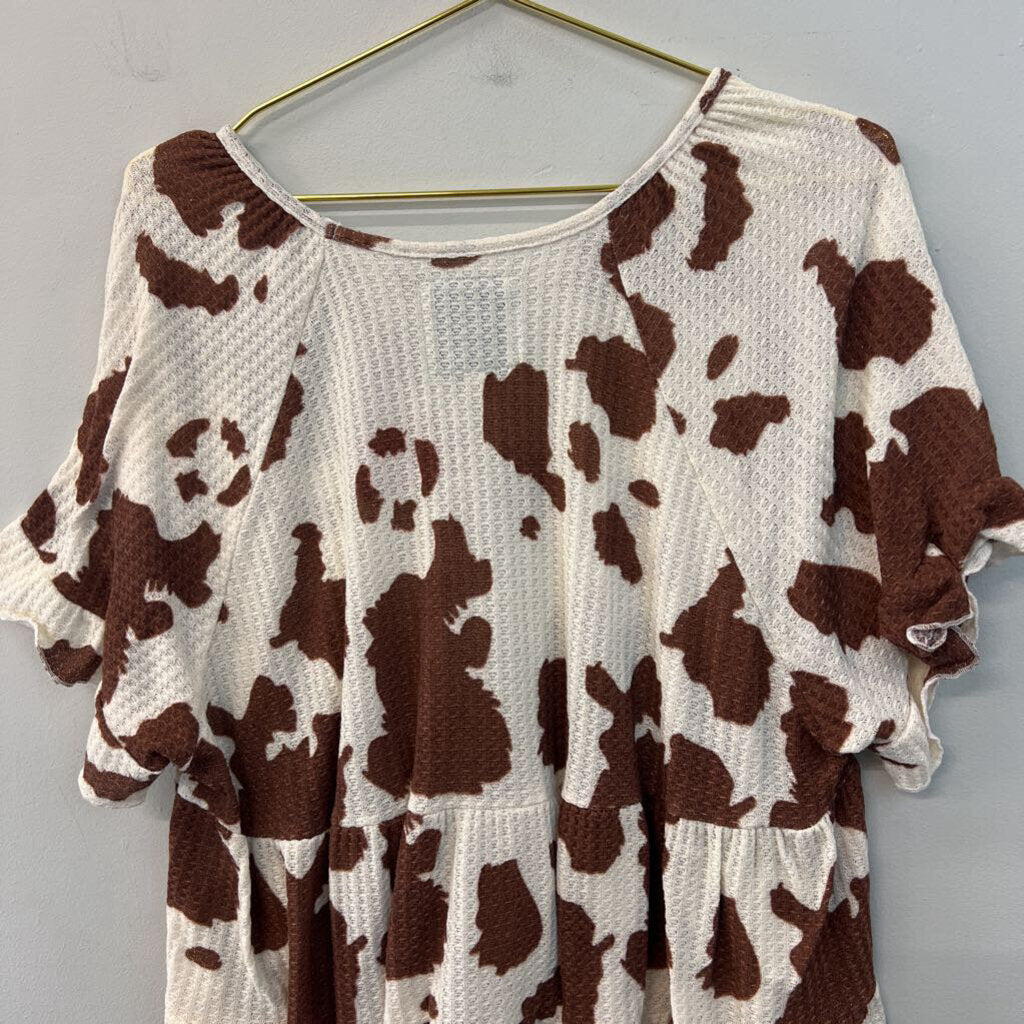 Simply Southern Cream/ Brown Cow Print Short Sleeve Top Extra Large