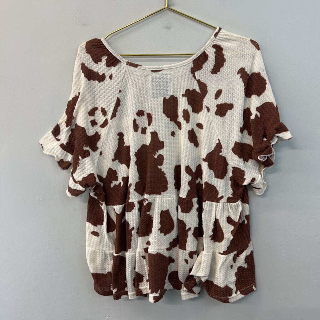 Simply Southern Cream/ Brown Cow Print Short Sleeve Top Extra Large