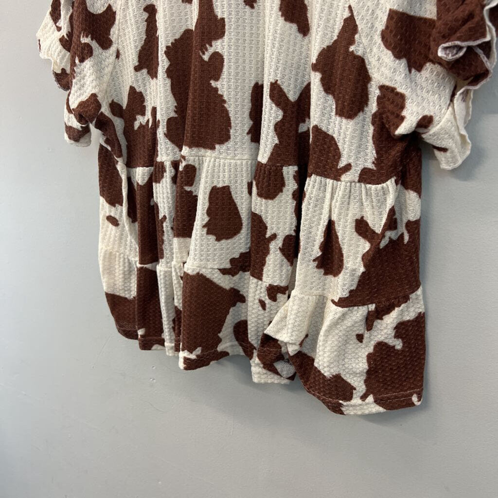 Simply Southern Cream/ Brown Cow Print Short Sleeve Top Extra Large