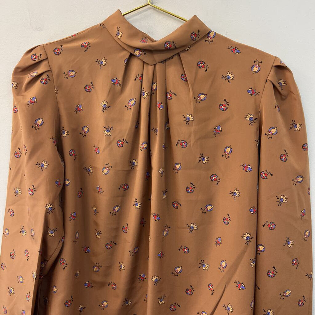 Emily Brown Print Silky Mock Neck Long Sleeve Top 12