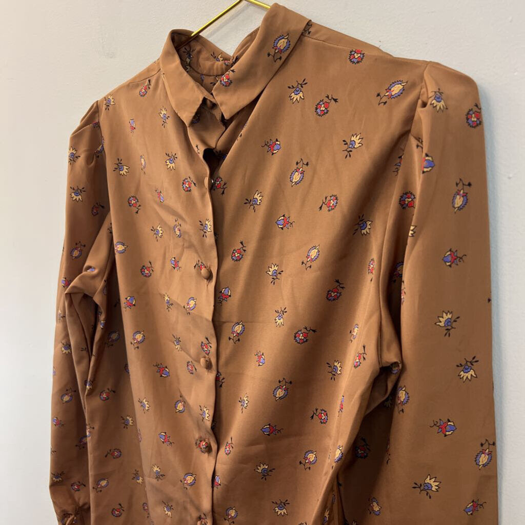 Emily Brown Print Silky Mock Neck Long Sleeve Top 12