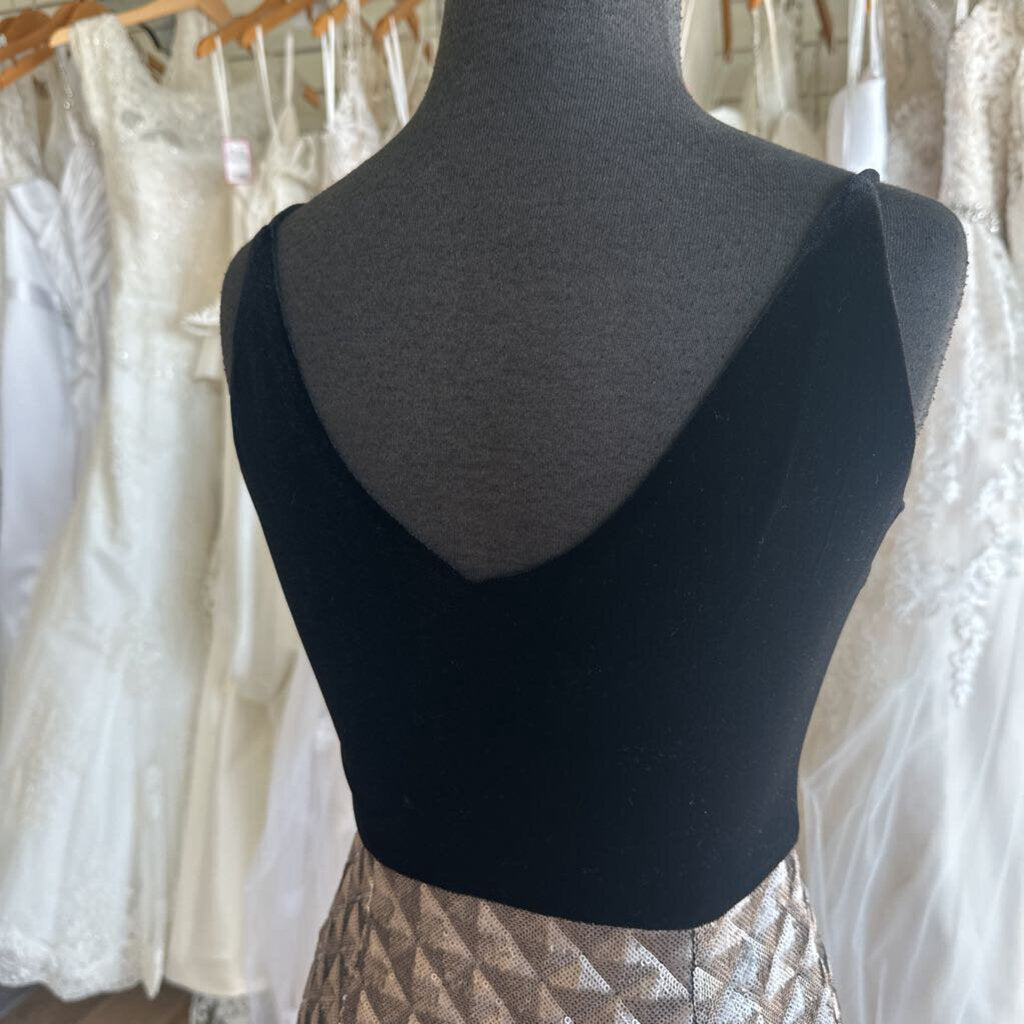 Black Halo Black Velvet Top Gunmetal Sequin Skirt Midi Dress 2