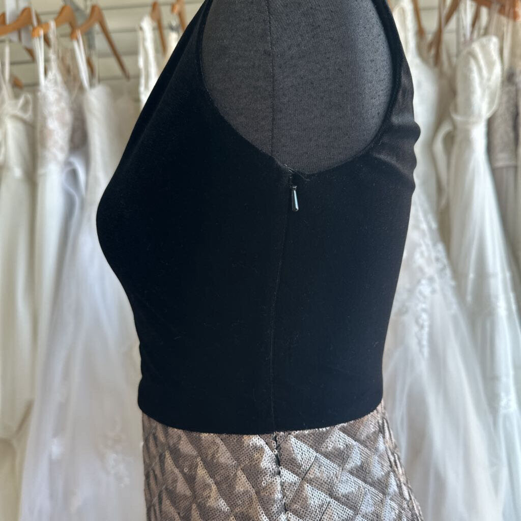 Black Halo Black Velvet Top Gunmetal Sequin Skirt Midi Dress 2