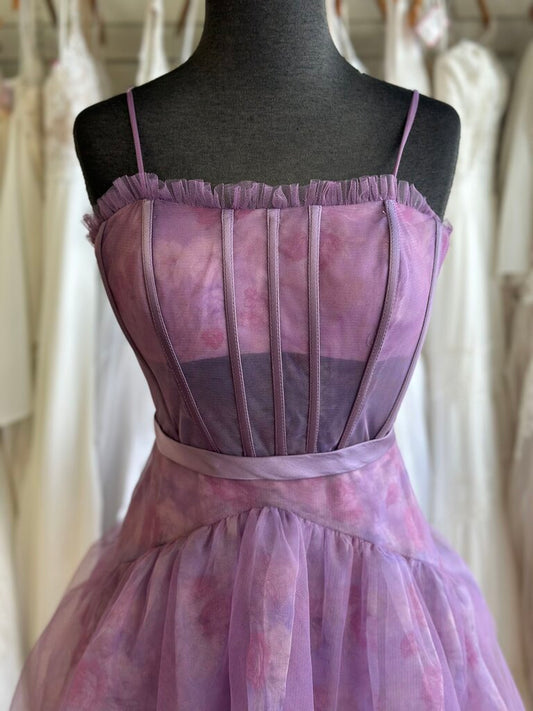 Purple Floral Print Corset Top Tiered Skirt Long Formal Dress 10
