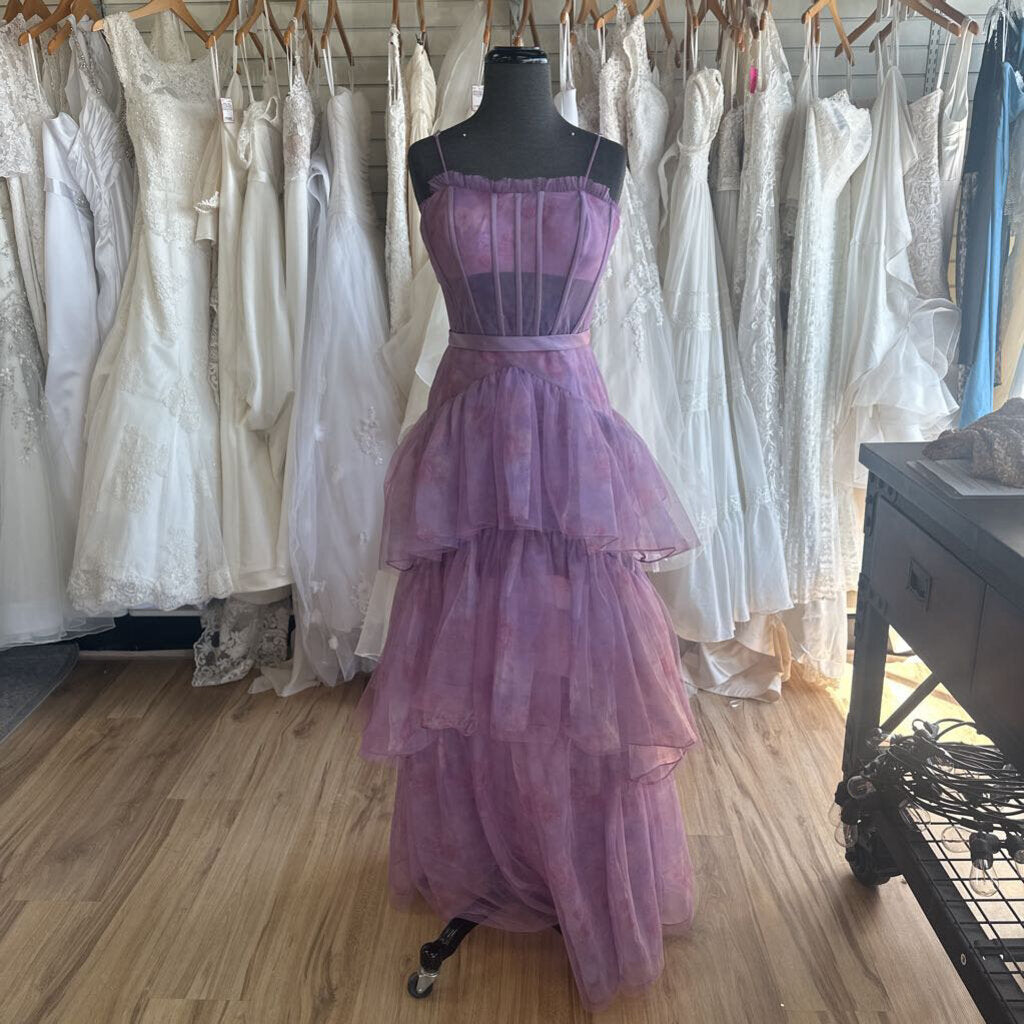 Purple Floral Print Corset Top Tiered Skirt Long Formal Dress 10