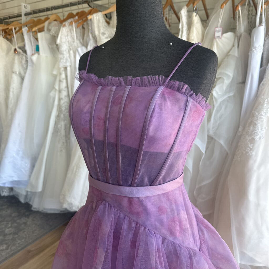 Purple Floral Print Corset Top Tiered Skirt Long Formal Dress 10
