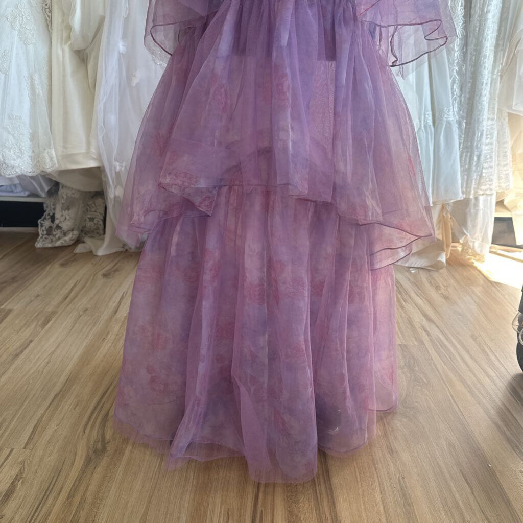 Purple Floral Print Corset Top Tiered Skirt Long Formal Dress 10