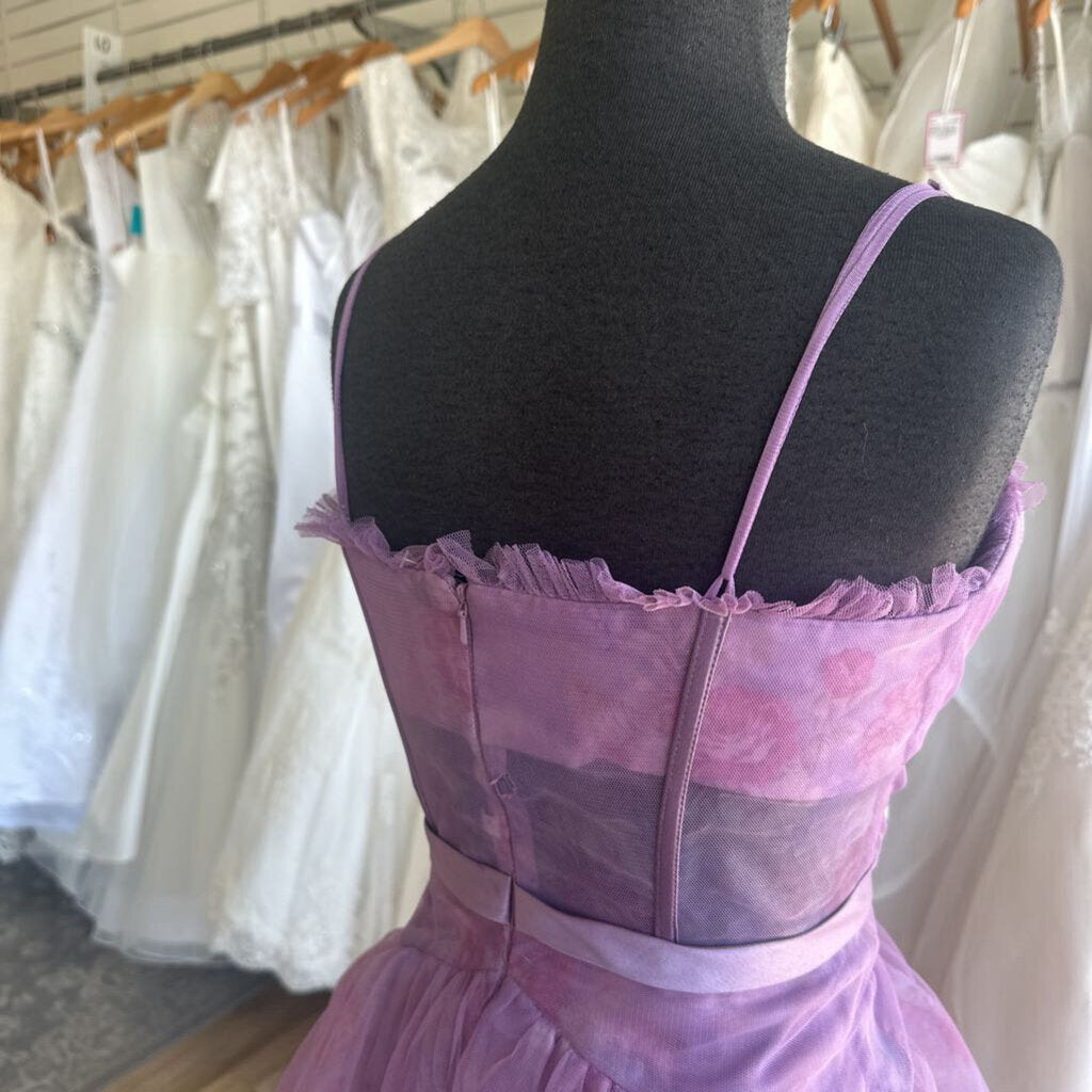 Purple Floral Print Corset Top Tiered Skirt Long Formal Dress 10