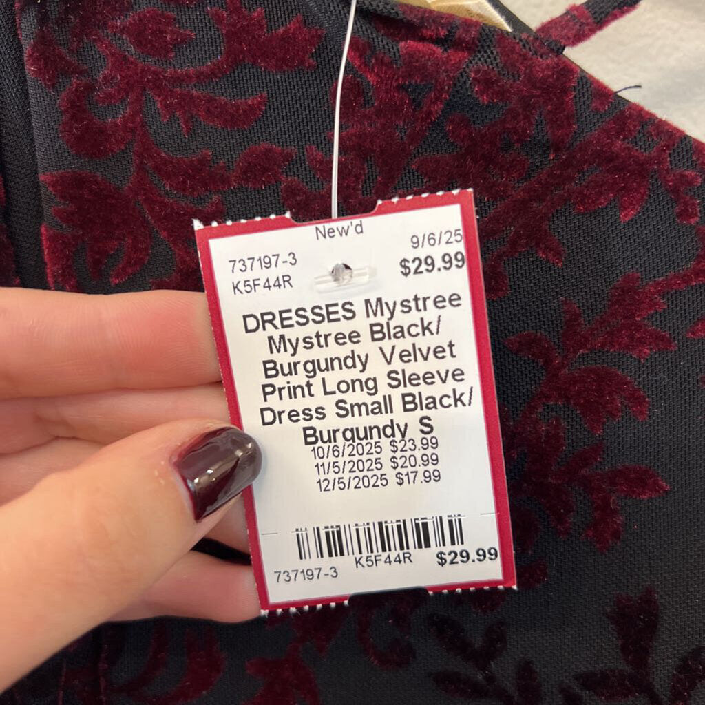 Mystree Black/ Burgundy Velvet Print Long Sleeve Dress Small