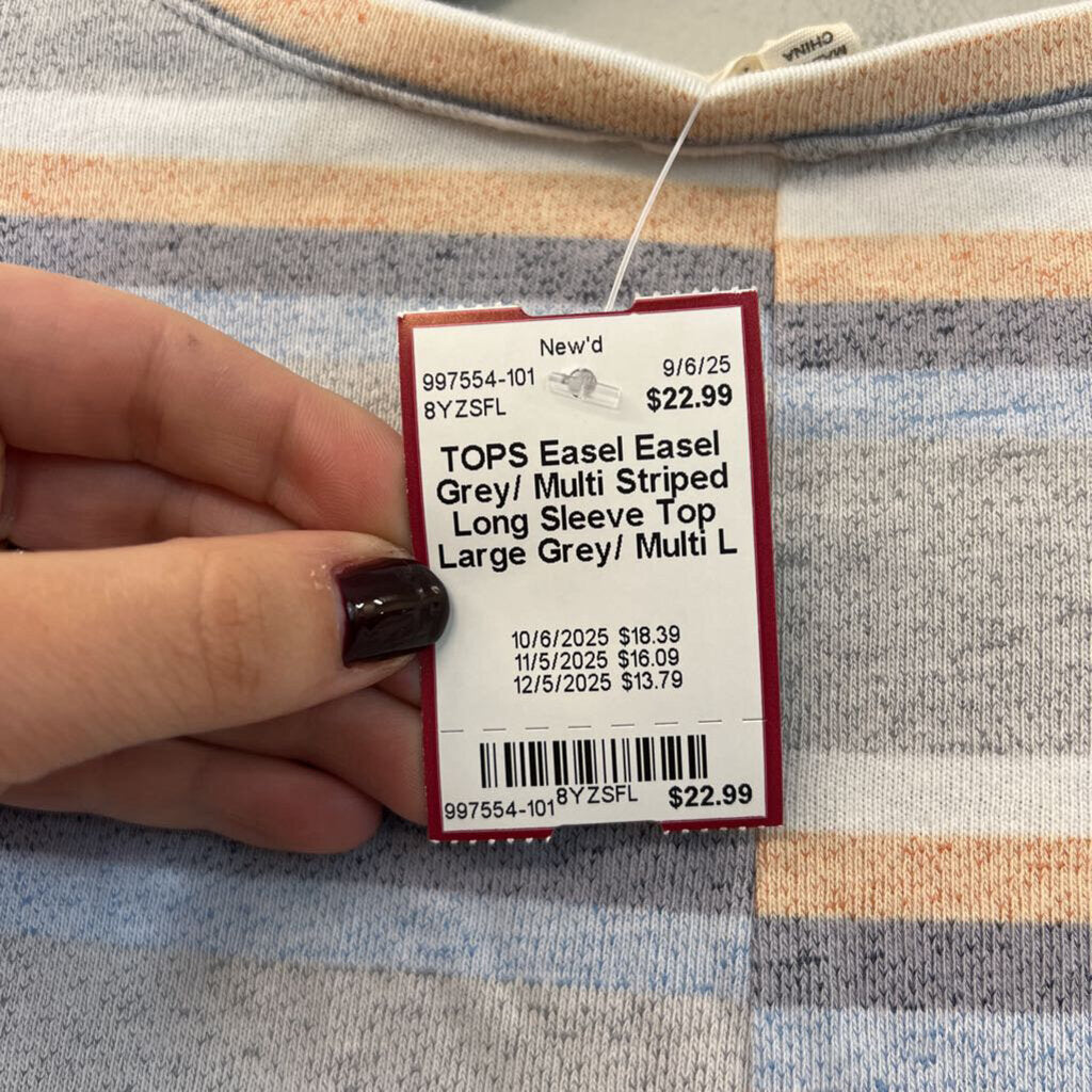 Easel Grey/ Multi Striped Long Sleeve Top Large