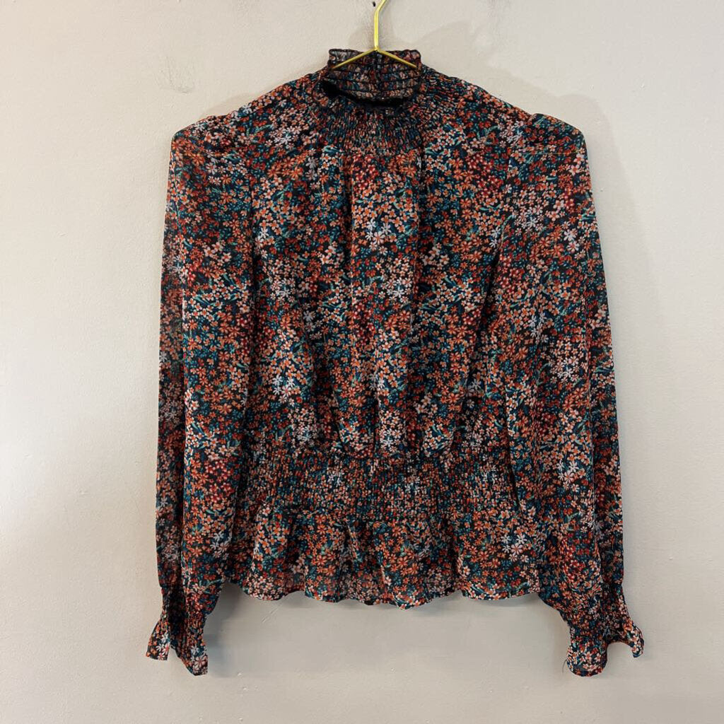 Japna Black/ Multi Flower Print Long Sleeve Mock Neck Top Extra Small