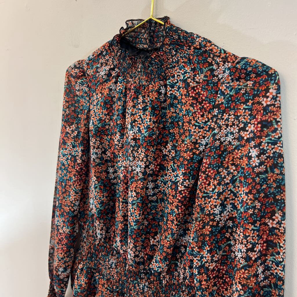 Japna Black/ Multi Flower Print Long Sleeve Mock Neck Top Extra Small