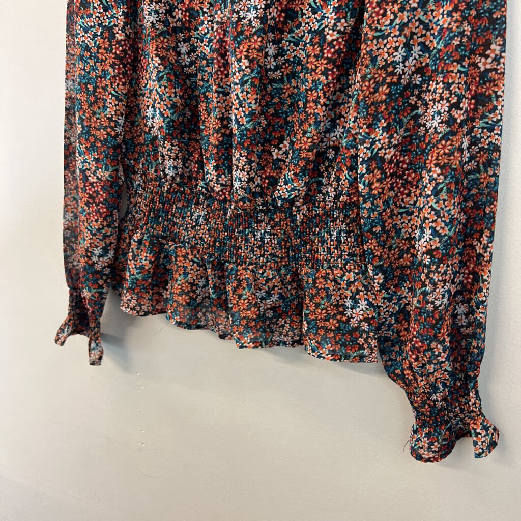 Japna Black/ Multi Flower Print Long Sleeve Mock Neck Top Extra Small