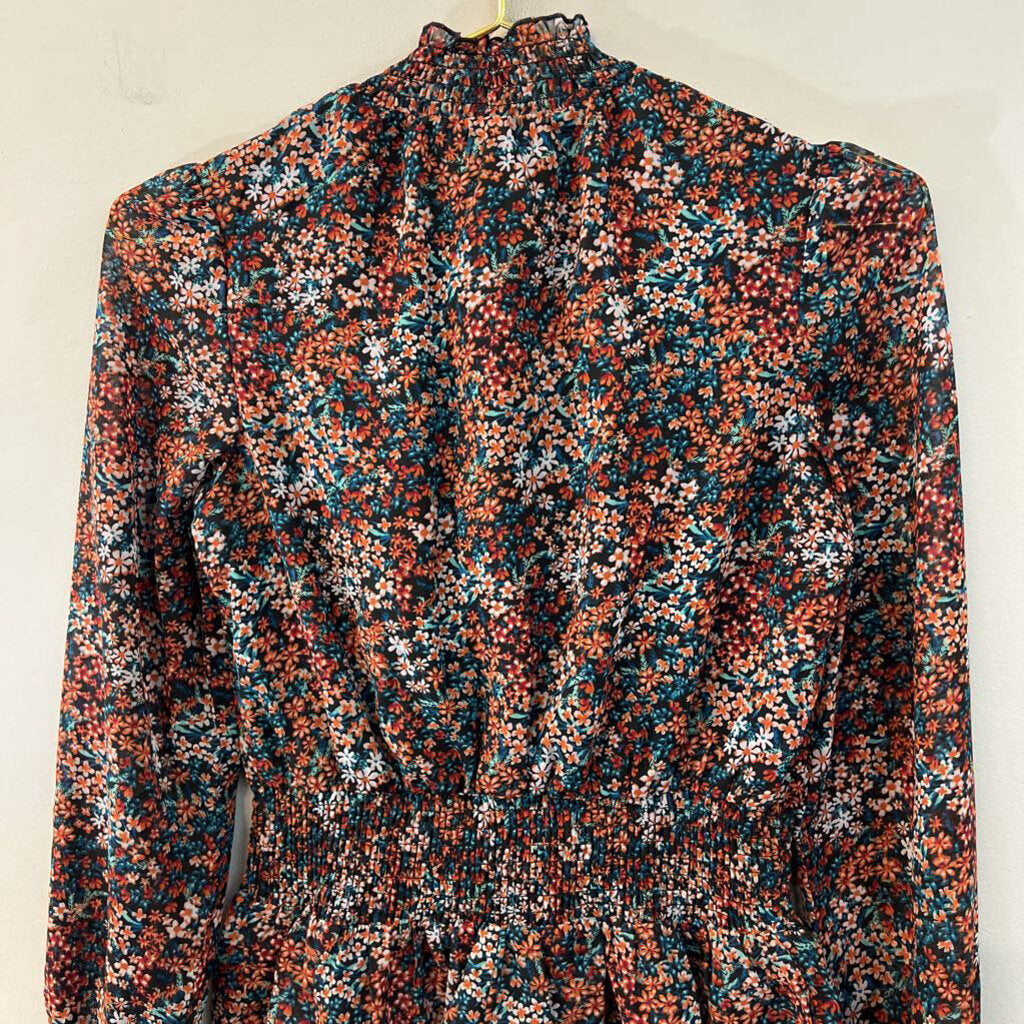 Japna Black/ Multi Flower Print Long Sleeve Mock Neck Top Extra Small