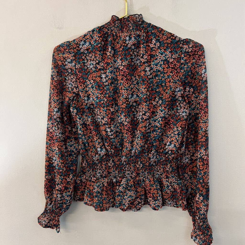 Japna Black/ Multi Flower Print Long Sleeve Mock Neck Top Extra Small