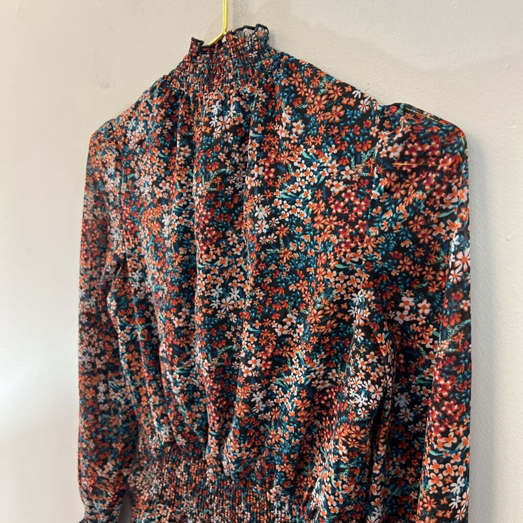 Japna Black/ Multi Flower Print Long Sleeve Mock Neck Top Extra Small