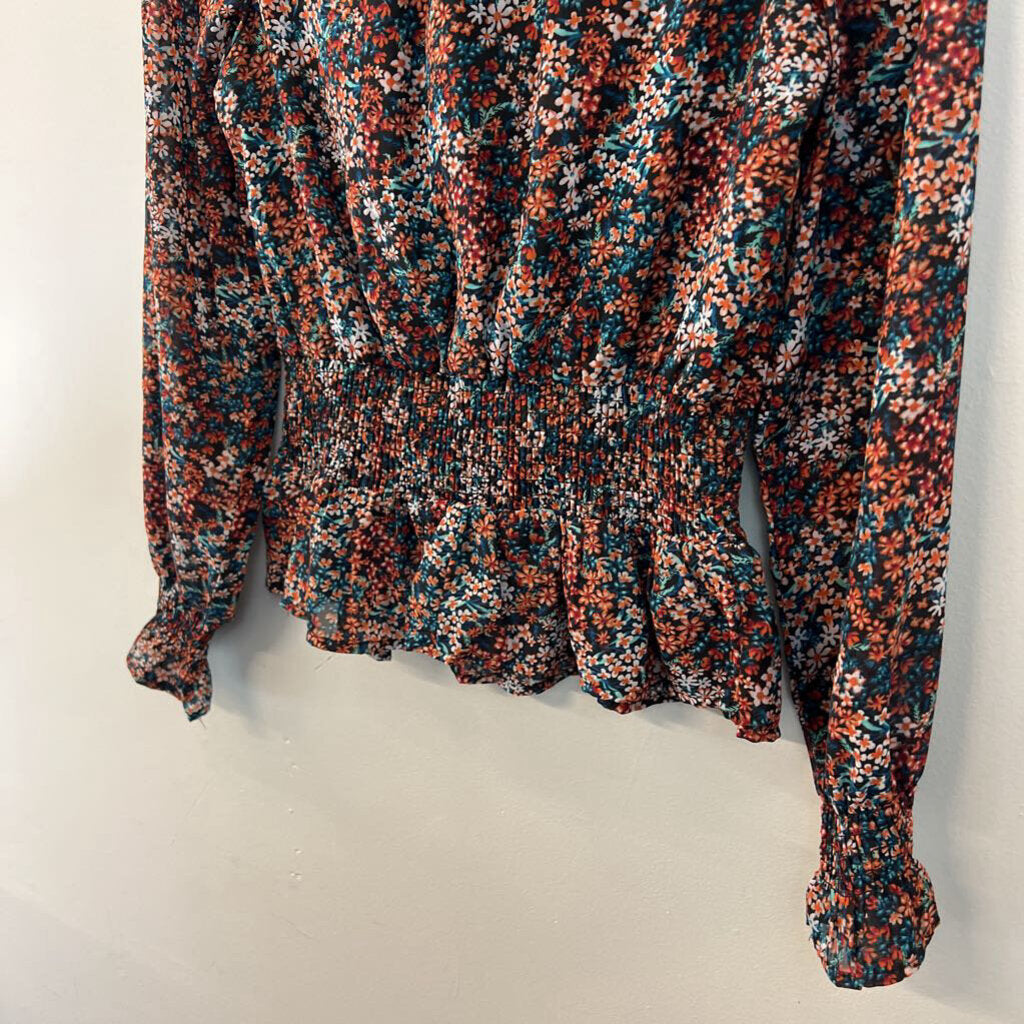 Japna Black/ Multi Flower Print Long Sleeve Mock Neck Top Extra Small
