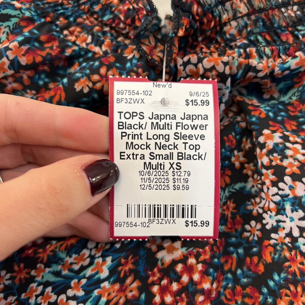 Japna Black/ Multi Flower Print Long Sleeve Mock Neck Top Extra Small