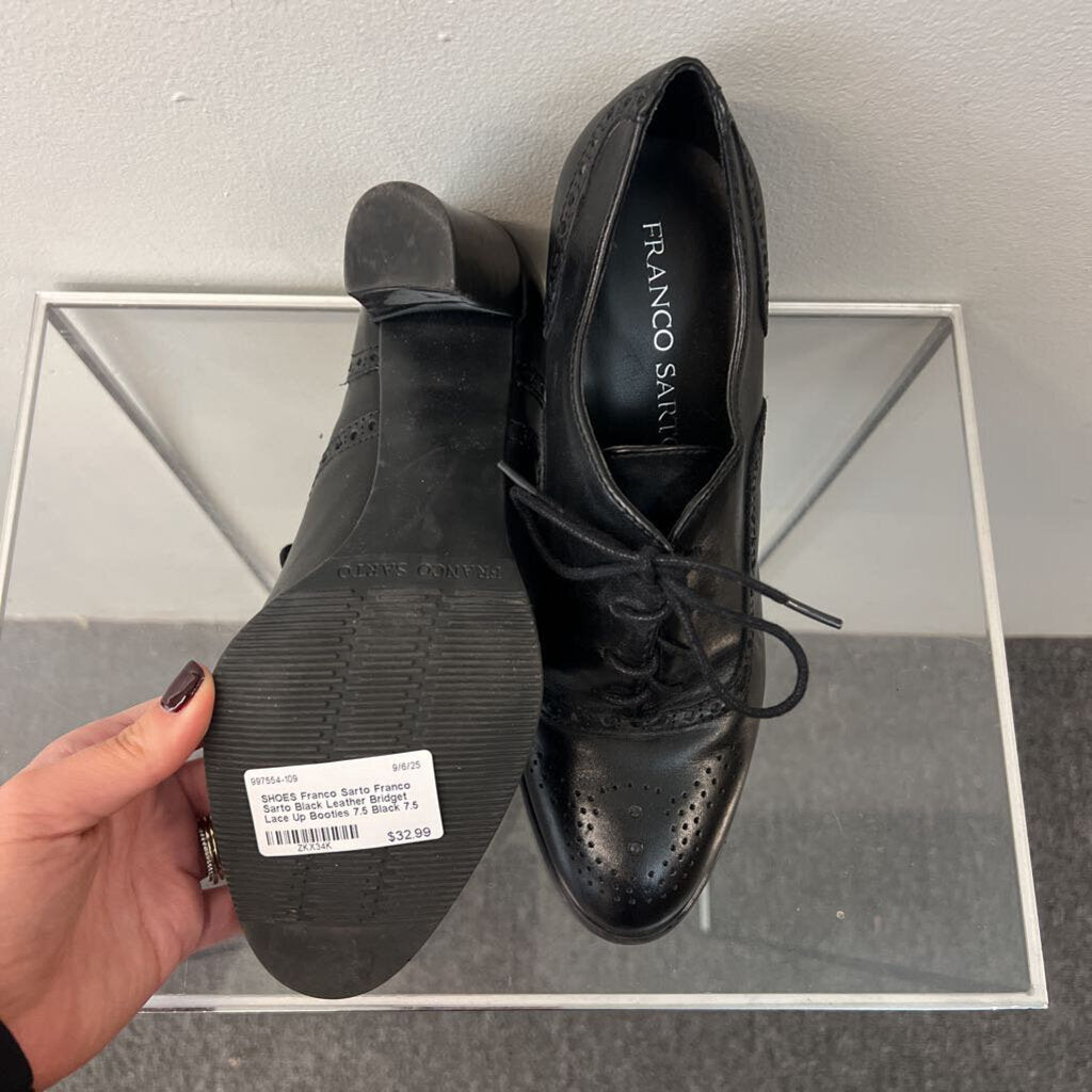 Franco Sarto Black Leather Bridget Lace Up Booties 7.5