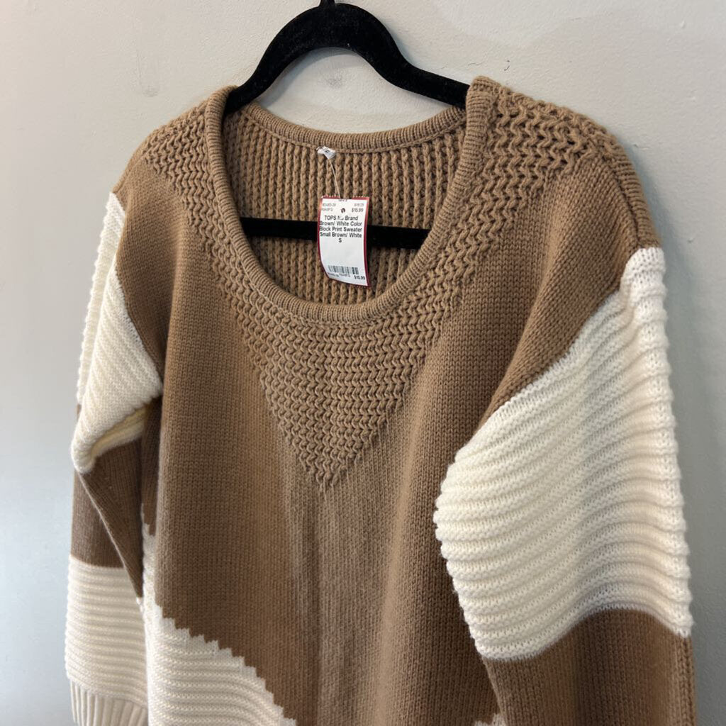 Brown/ White Color Block Print Sweater Small