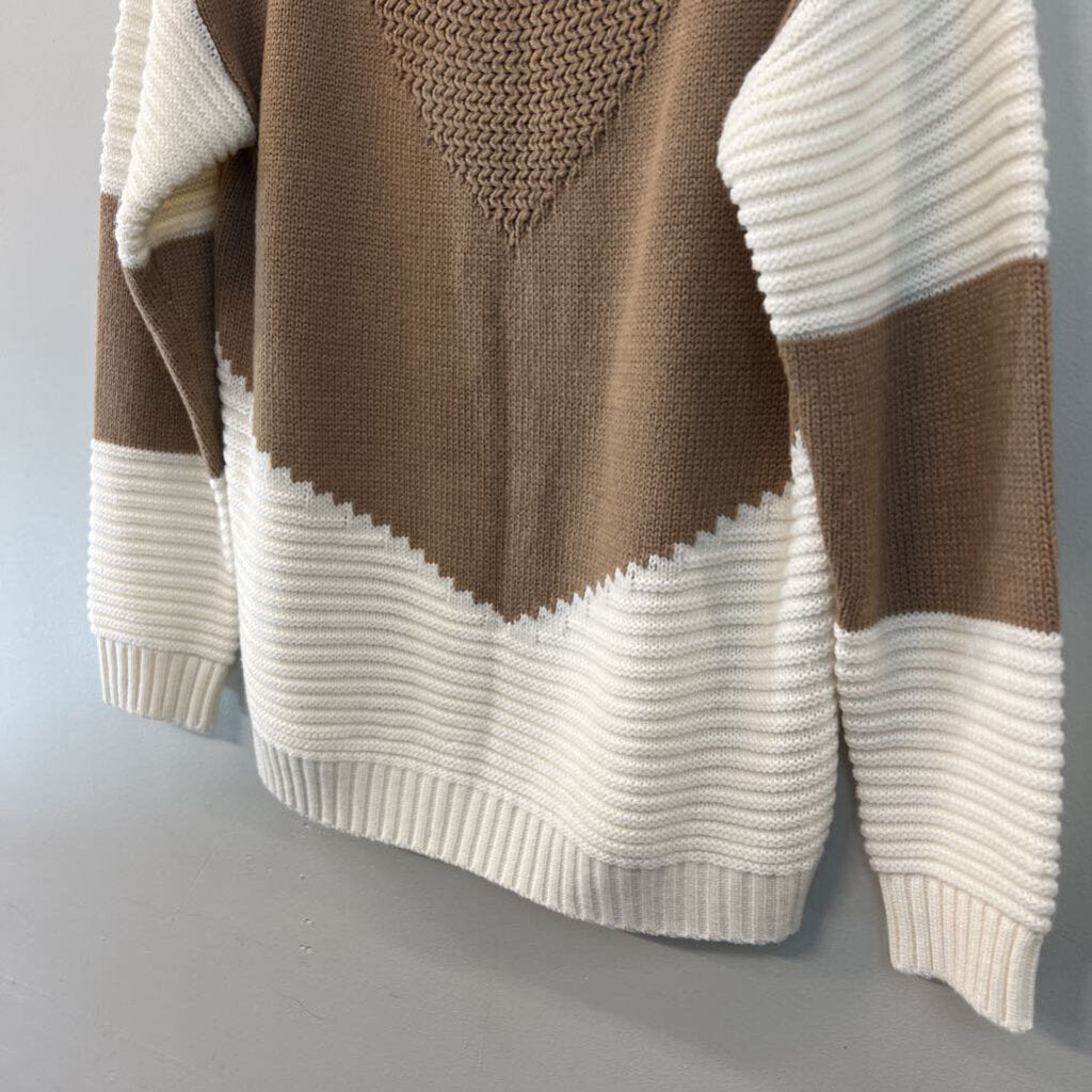 Brown/ White Color Block Print Sweater Small