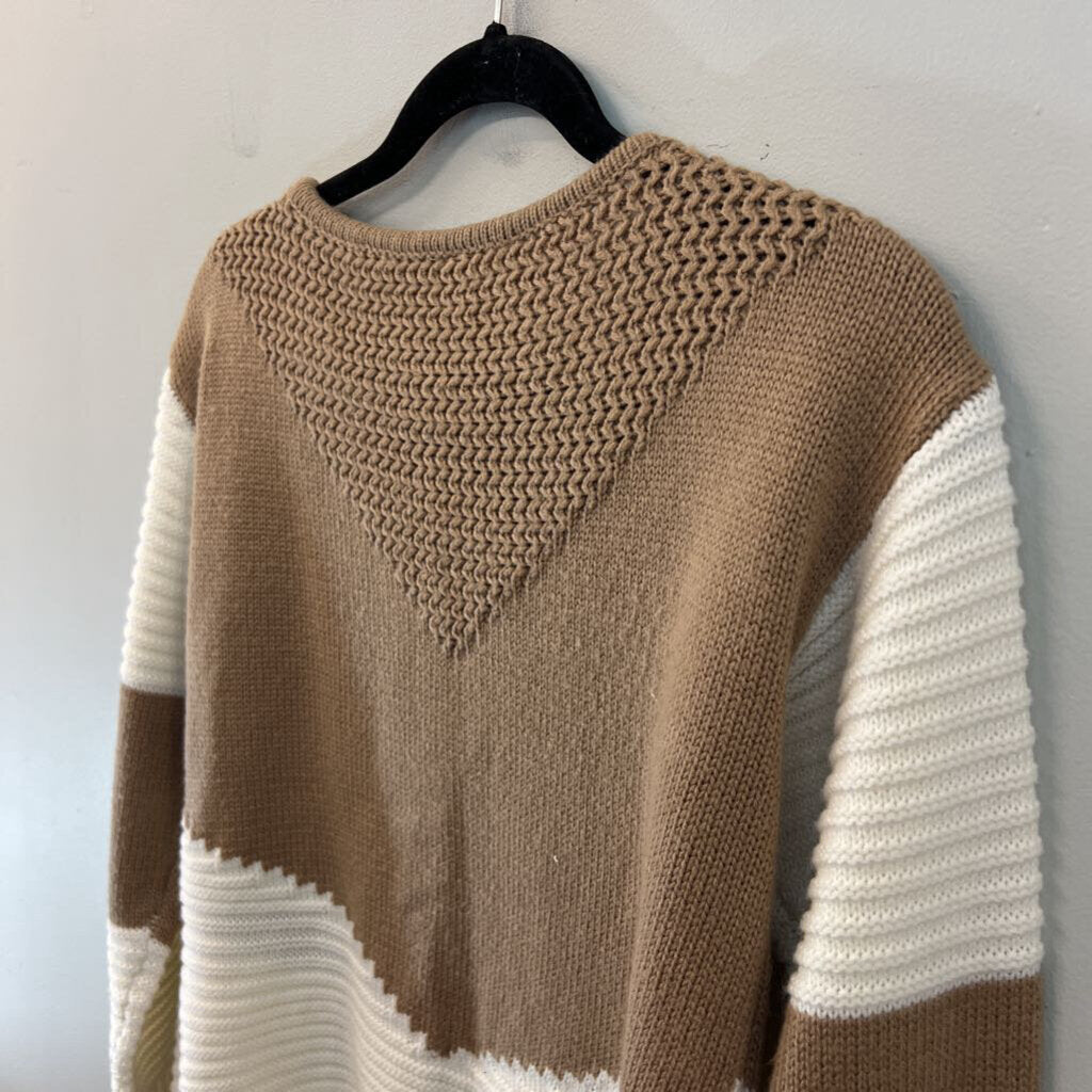 Brown/ White Color Block Print Sweater Small