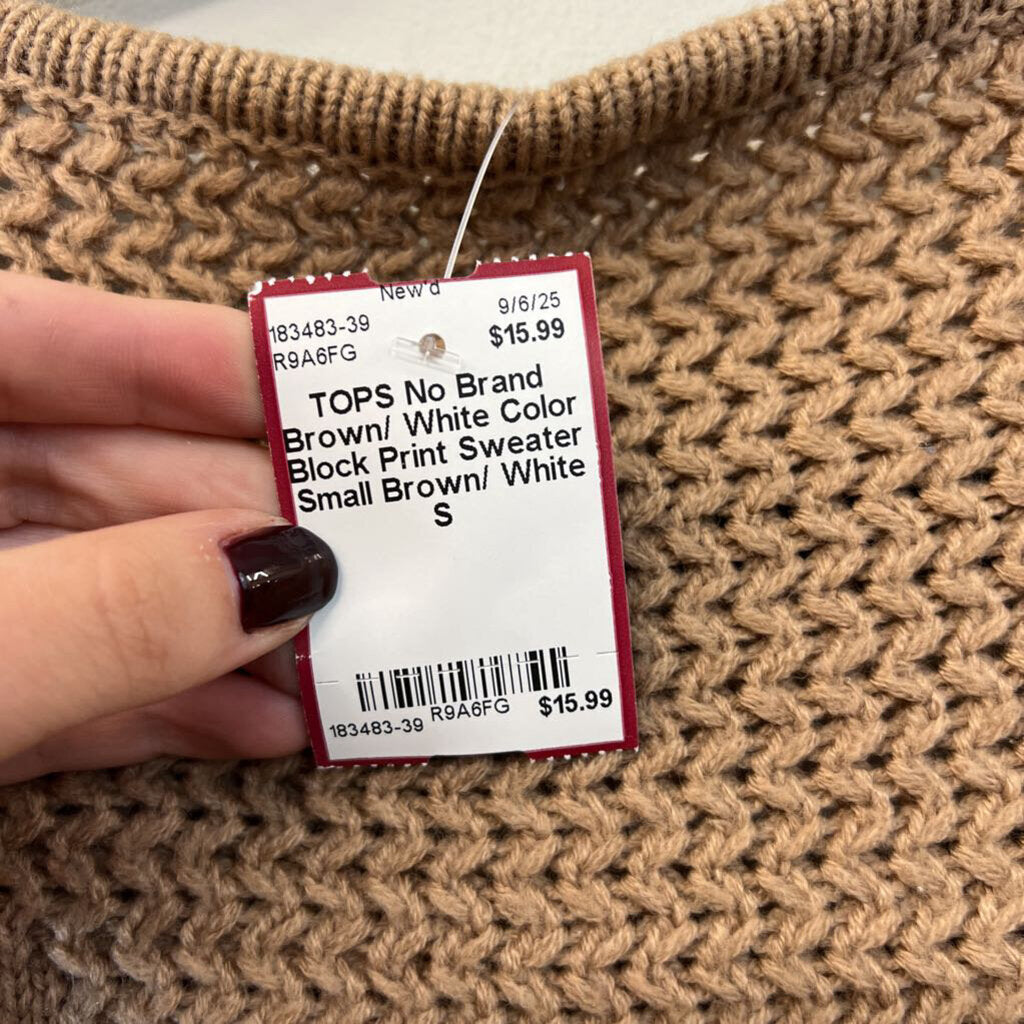 Brown/ White Color Block Print Sweater Small