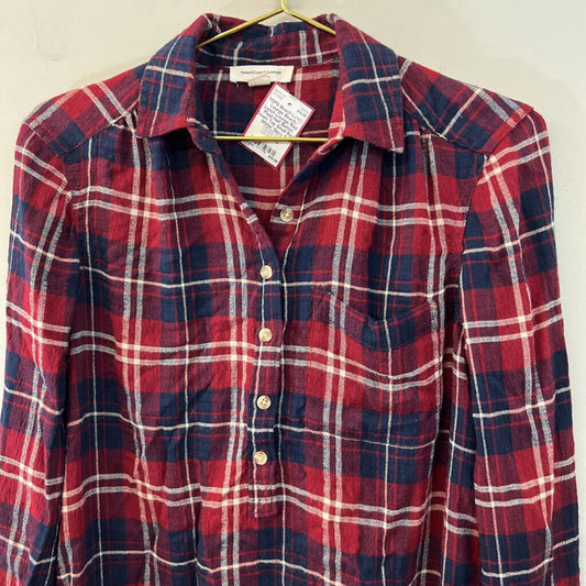 Beach Lunch Lounge Red Plaid Half Button Down Top Small