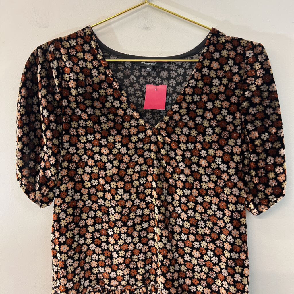 Madewell Black/ Brown Velvet Flower Print Short Sleeve Top XXS