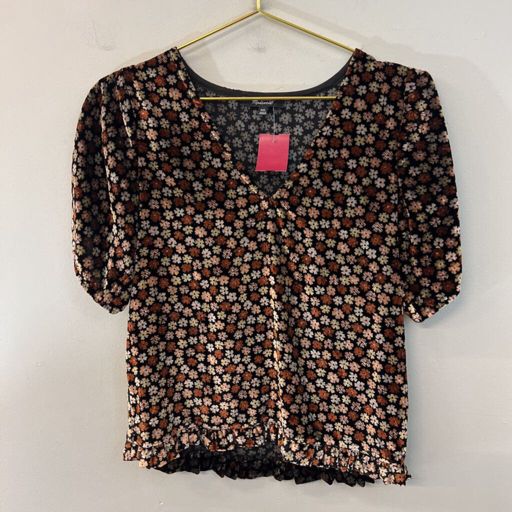 Madewell Black/ Brown Velvet Flower Print Short Sleeve Top XXS