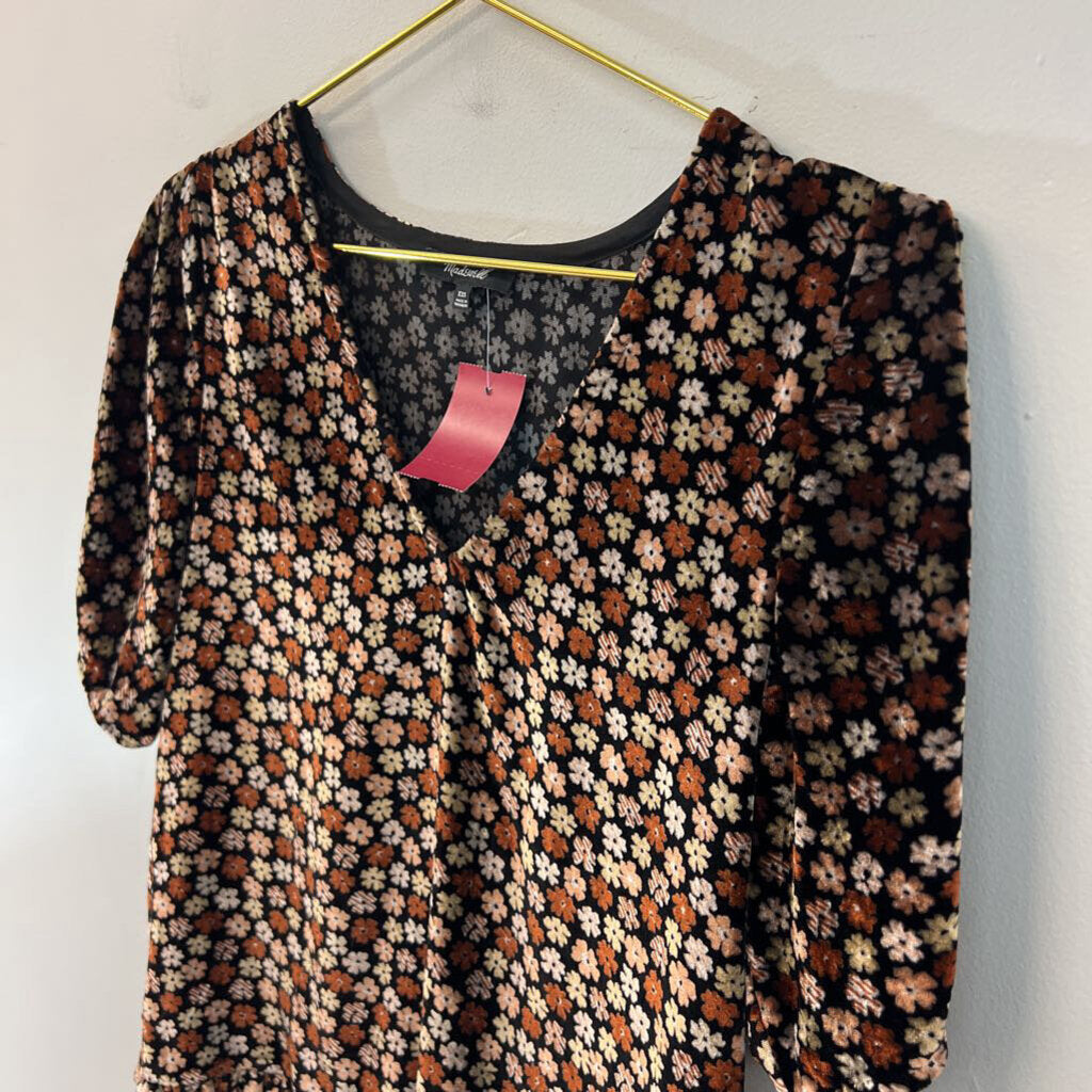 Madewell Black/ Brown Velvet Flower Print Short Sleeve Top XXS