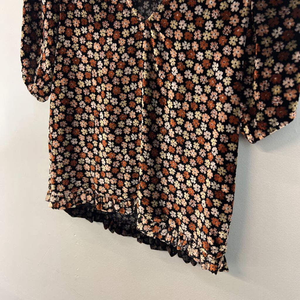 Madewell Black/ Brown Velvet Flower Print Short Sleeve Top XXS