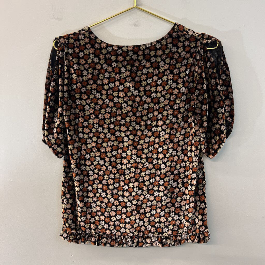 Madewell Black/ Brown Velvet Flower Print Short Sleeve Top XXS