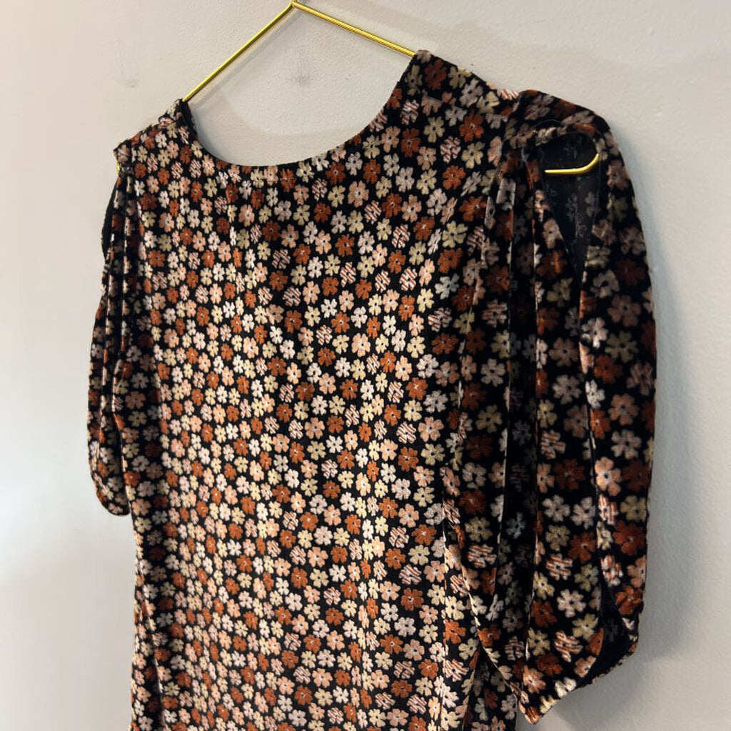 Madewell Black/ Brown Velvet Flower Print Short Sleeve Top XXS