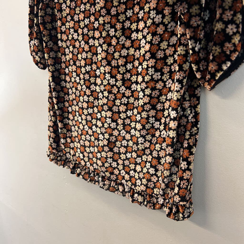 Madewell Black/ Brown Velvet Flower Print Short Sleeve Top XXS
