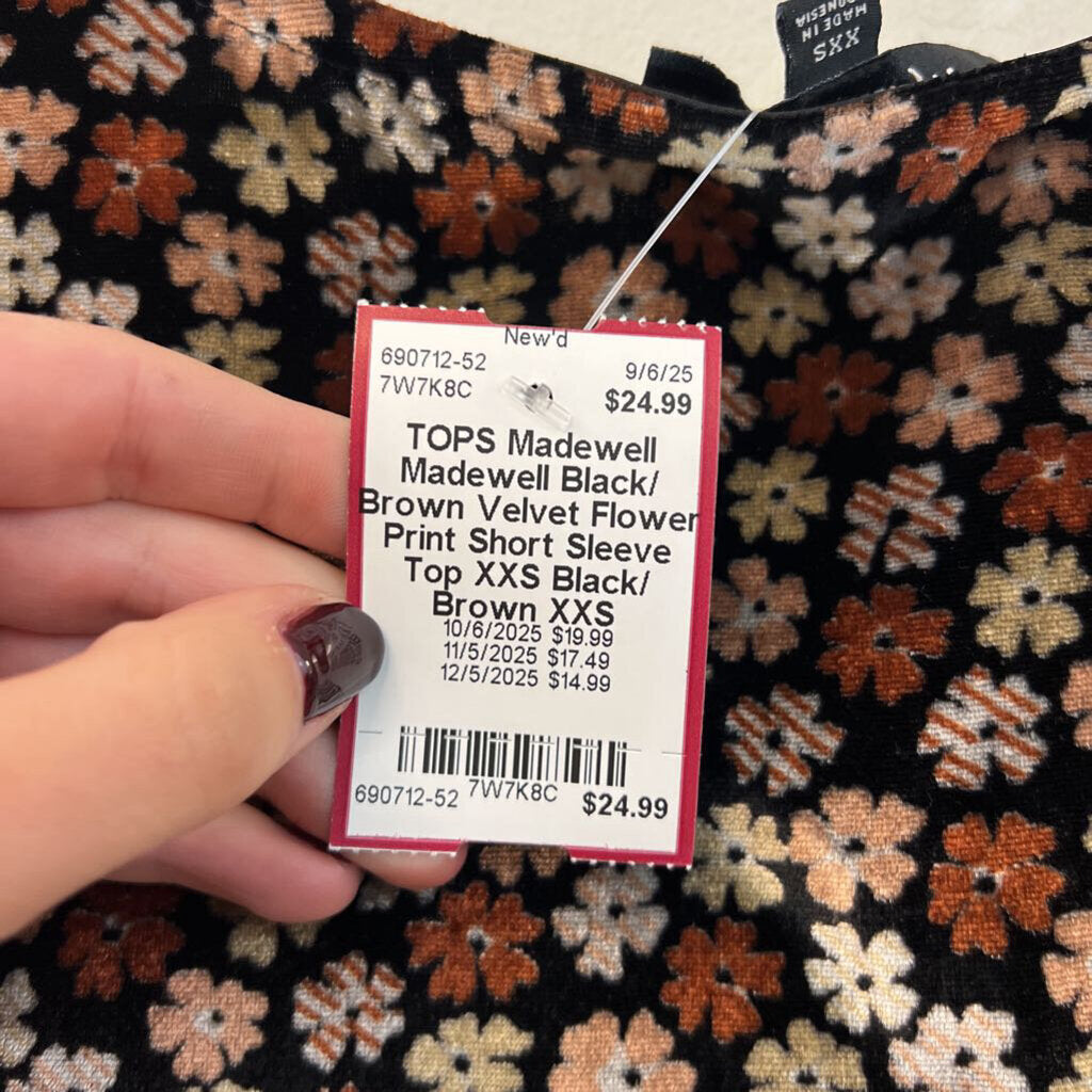 Madewell Black/ Brown Velvet Flower Print Short Sleeve Top XXS