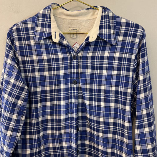 LL Bean White/ Blue Plaid Fleece Lined Long Sleeve Button Down Top Small