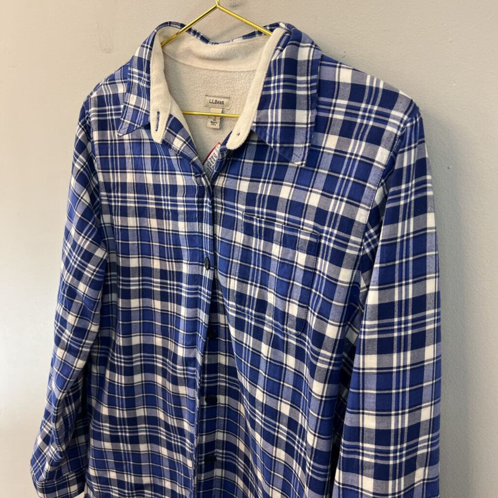 LL Bean White/ Blue Plaid Fleece Lined Long Sleeve Button Down Top Small